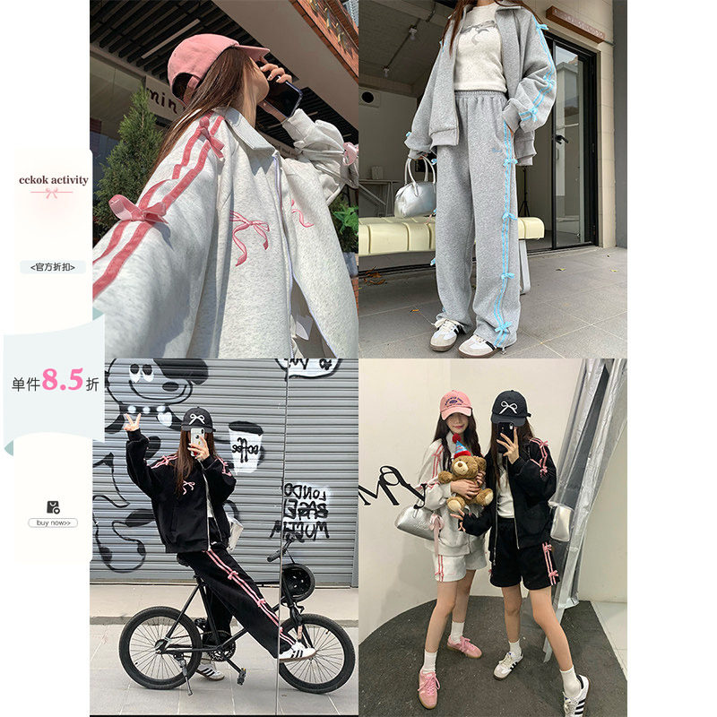 CCKOK 丝绒蝴蝶结卫衣外套两件套装2025冬季学院休闲运动半身裙女