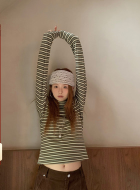 CCKOK 抹茶牛乳条纹半高领德绒打底衫2025秋季新款小众套头上衣女