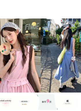 CCKOK 细格纹无袖背心绑带连衣裙2026夏季新款莱赛尔温柔风中长裙