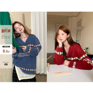 韩系少女气质甜美保暖拼色图腾提花V领麻花厚毛衣女 冬季 现货