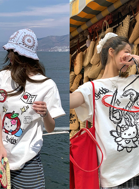 CCKOK 恶搞卡通印花宽松T恤双版本2025夏季新款白色小猫短袖女