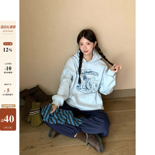 CCKOK韩系通勤穿搭 冬季古着vintage印花连帽加绒保暖卫衣女