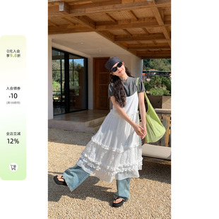 CCKOK春夏新品韩女系通勤穿搭出街白色雪纺拼接钩花吊带蛋糕裙女