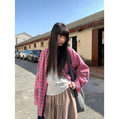 CCKOK 2026早春新品韩系穿搭粉灰格纹100%棉宽松衬衫外套女
