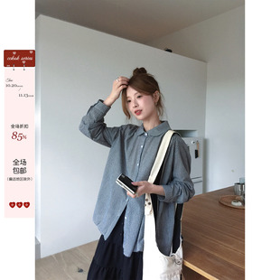 【现货】CCKOK 日系黑白格纹娃娃领衬衫秋季复古格子衬衣外套女
