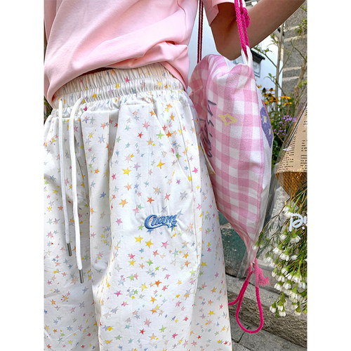 CCKOK 手绘星星印花休闲裤2025夏季新款抽绳设计直筒高腰阔腿裤女