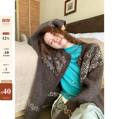 CCKOK 冬季韩系气质 通勤 费尔岛复古提花混纱宽松针织开衫女上衣