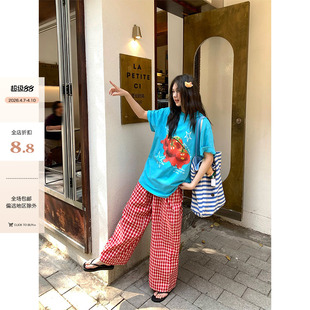 美式 CCKOK 西红柿印花宽松湖蓝色T恤2026夏季 新款 女 宽松显瘦短袖