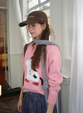 CCKOK 呆萌卷毛小狗提花混色毛衣2025秋季新款软糯套头针织衫女