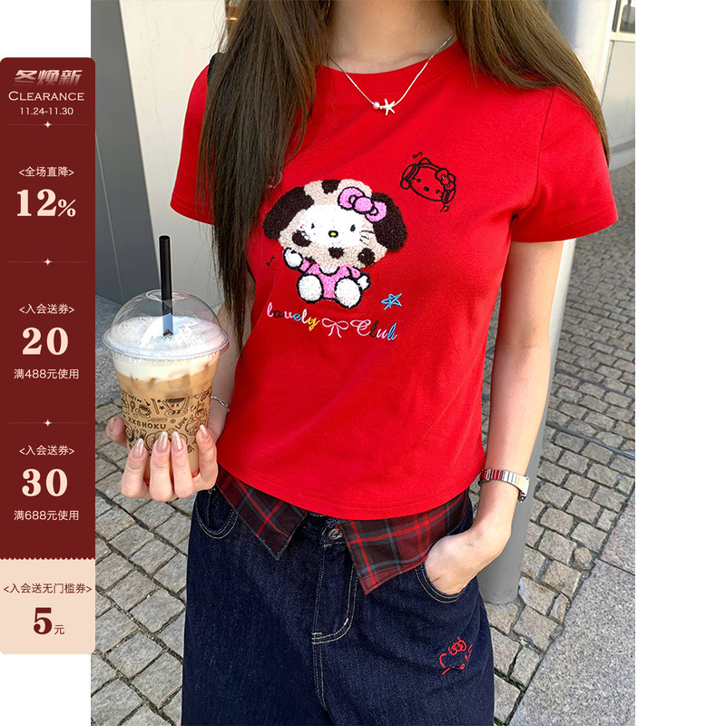 CCKOK虎皮蛋糕小猫毛巾绣正肩修身T恤2025夏季新款可爱减龄短袖女