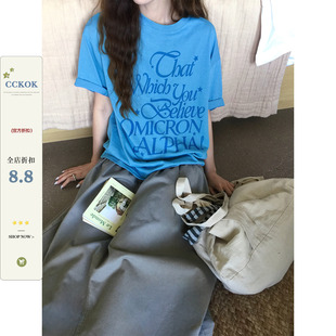 CCKOK 蓝色字母宽松T恤2026夏季新款慵懒休闲舒适百搭小众短袖女