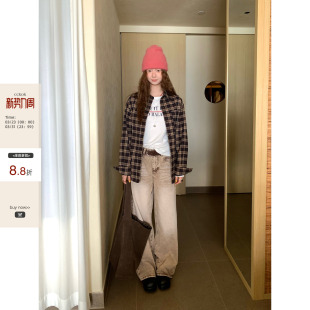 巨好看 冬季 韩系气质 磨毛100%棉卡其格纹宽松长袖 女 衬衫 现货