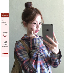 CCKOK 日系古早不对称格纹衬衫2026秋季新款复古格子衬衣外套女
