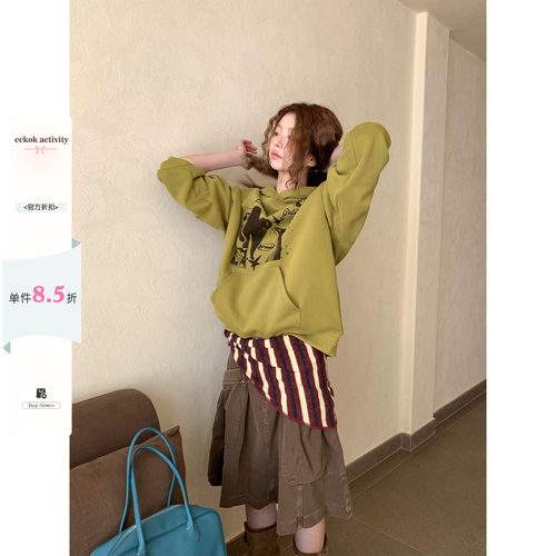 CCKOK 秋冬韩国气质时尚少女系古着动物印花连帽加绒宽松卫衣女