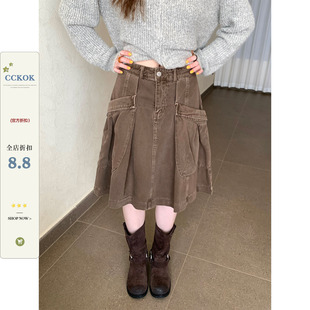 CCKOK 2026新品 秋冬气质百搭韩系洗水立体工装口袋棕色中裙女