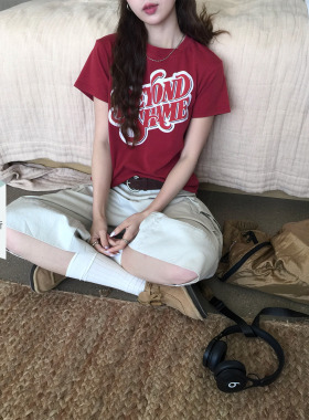 CCKOK 洗水做旧字母正肩T恤2026夏季新款美式复古休闲红色短袖女