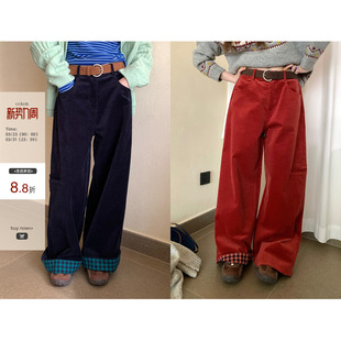 格纹拼接灯芯绒阔腿长裤 CCKOK 韩系穿搭气质通勤 新品 女 冬季