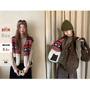 CCKOK韩系甜美秋冬重工费尔岛提花双面穿卷毛马甲女上衣 现货