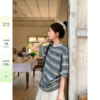 CCKOK 白边混色条纹宽松T恤2026春夏新款复古港风减龄休闲短袖女