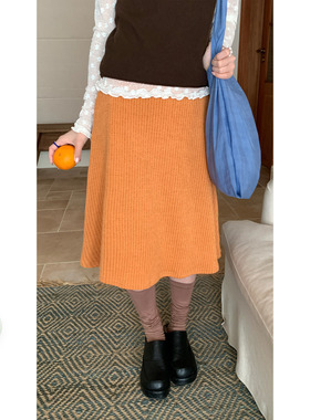 CCKOK春夏新品韩女系通勤穿搭显白橘色坑纹休闲中裙伞裙女下装