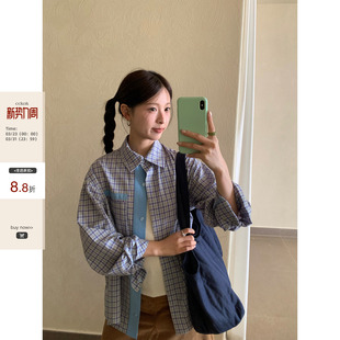 衬衫 早春韩系通勤穿搭紫蓝色格纹拼接纯色长袖 CCKOK 女 现货