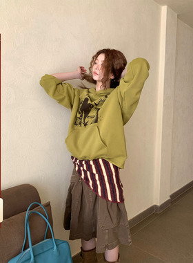 CCKOK 秋冬韩国气质时尚少女系古着动物印花连帽加绒宽松卫衣女