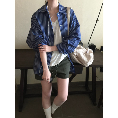 宽松竖条纹衬衫甜酷休闲防晒外套