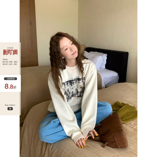 冬季 CCKOK 韩系通勤保暖百搭斑驳城市印花圆领加绒卫衣女 现货