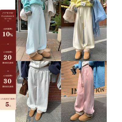 CCKOK 奶甜色调加厚绒束脚卫裤2025冬季新款软糯运动休闲直筒裤女