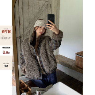 韩系少女宽松百搭磨毛格纹拼接毛绒夹棉外套女 秋冬新品 现货