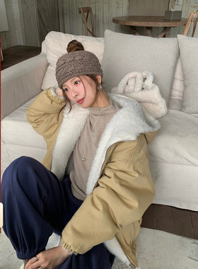 CCKOK 秋季新品韩系少女通勤风 保暖纯色双面穿毛绒连帽外套女