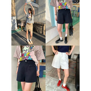 饰纯色4分短裤 假口袋装 夏季 新款 女 休闲直筒阔腿五分裤 现货