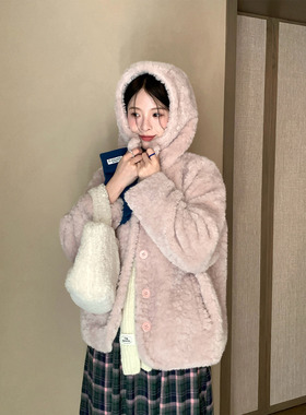 CCKOK 冬季韩系通勤穿搭 淡粉色毛绒连帽厚实保暖外套上衣女