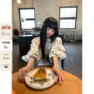 新款 2026夏季 100%棉港风衬衣薄外套女 复古杏绿格纹宽松衬衫 CCKOK