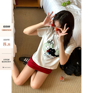 格纹雪梨毛巾绣小黑猫正肩T恤夏季 现货 CCKOK 女 减龄小众短袖