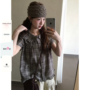CCKOK 格纹花边娃娃领短袖衬衫2026夏季新款咖色格子休闲外套女