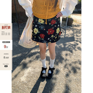 复古设计a字黑色半身裙 法式 CCKOK彩色花花中低腰短裙2026夏季 新款