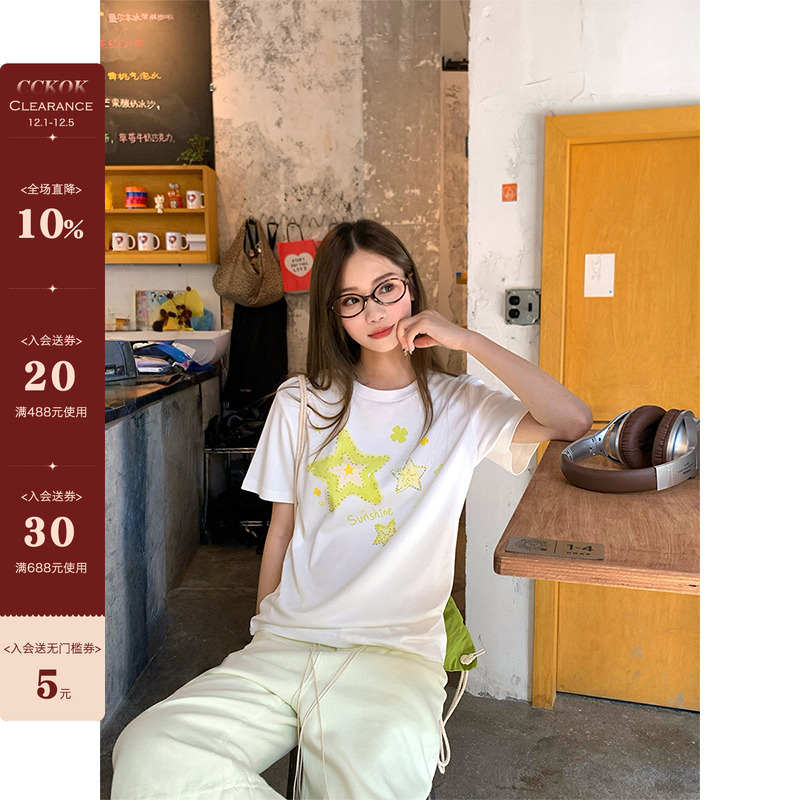 【现货】CCKOK 烫钻星星杨桃印花正肩T恤夏季小众百搭休闲短袖女