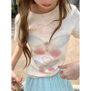 新款 CCKOK 梦幻蝴蝶印花立体修身 正肩T恤2025夏季 女 盐系少女短袖