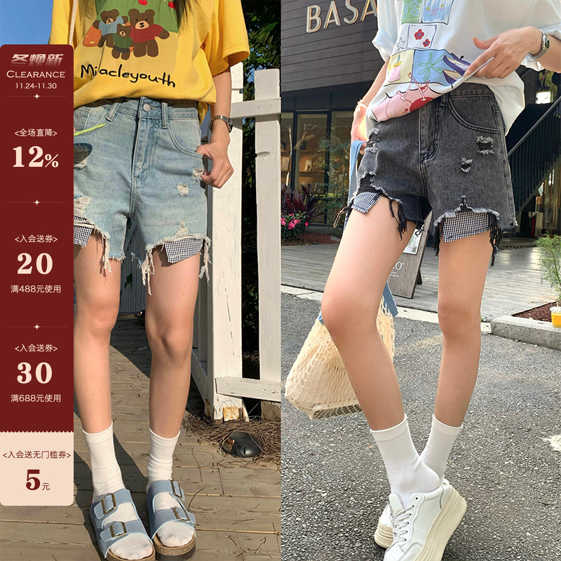 【现货】CCKOK 格纹口袋破洞流苏牛仔短裤夏季直筒休闲五分裤女