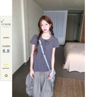 CCKOK 日系格纹娃娃领短袖上衣2026夏季新款复古格子衬衫外套女