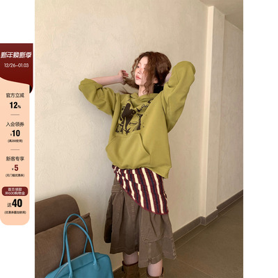 CCKOK 秋冬韩国气质时尚少女系古着动物印花连帽加绒宽松卫衣女