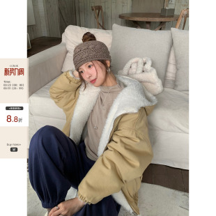 秋季 CCKOK 韩系少女通勤风保暖纯色双面穿毛绒连帽外套女 现货