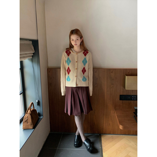 学院风拼色菱形提花圆领针织毛衣开衫 CCKOK 减龄外套女秋 现货