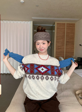 CCKOK 1220/20:00  冬季韩系通勤复古图腾提花彩点圆领针织毛衣女