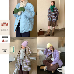 CCKOK 韩系气质保暖双面穿拼条纹绒毛圆领棉服女外套 冬季