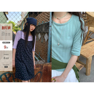 宽松舒适可叠穿中袖 CCKOK 修身 新款 女 纯色竖条纹针织T恤2026夏季