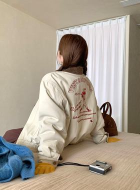 CCKOK 冬季韩系通勤气质保暖美式复古刺绣米杏色翻领内羔毛外套女