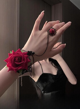 暗黑复古蕾丝玫瑰花戒指手链手环朋克哥特红色lolita圣诞万圣节
