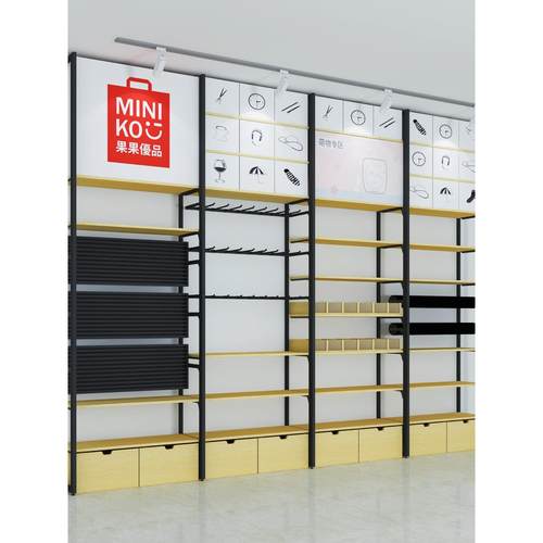 钢木结构展示架饰品母婴店靠墙名创款优品货架超市零食置物展示架